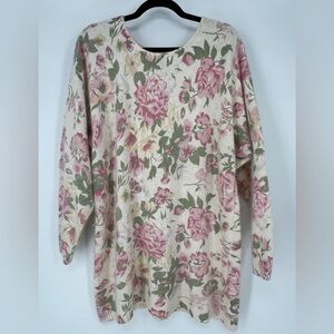 HONORS ANGORA SILK BLEND VINTAGE Floral‎ Knit Sweater in Pink Cream  and Green